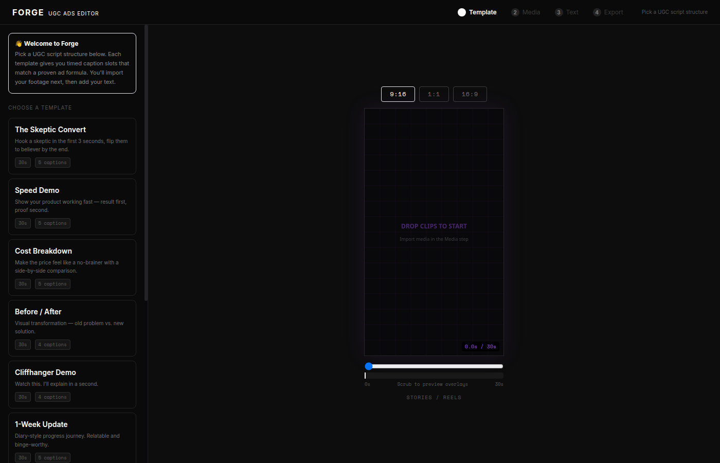 Actual delivered Forge interface with template list and an empty preview before media import